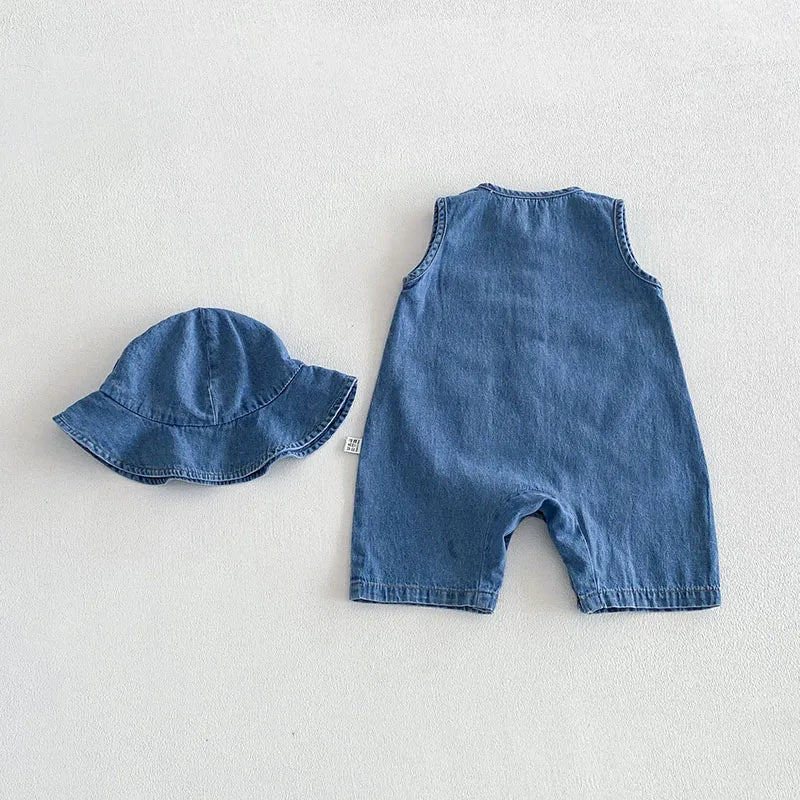 אוברול ג'ינס קיצי חגיגי+כובע לבן ובת